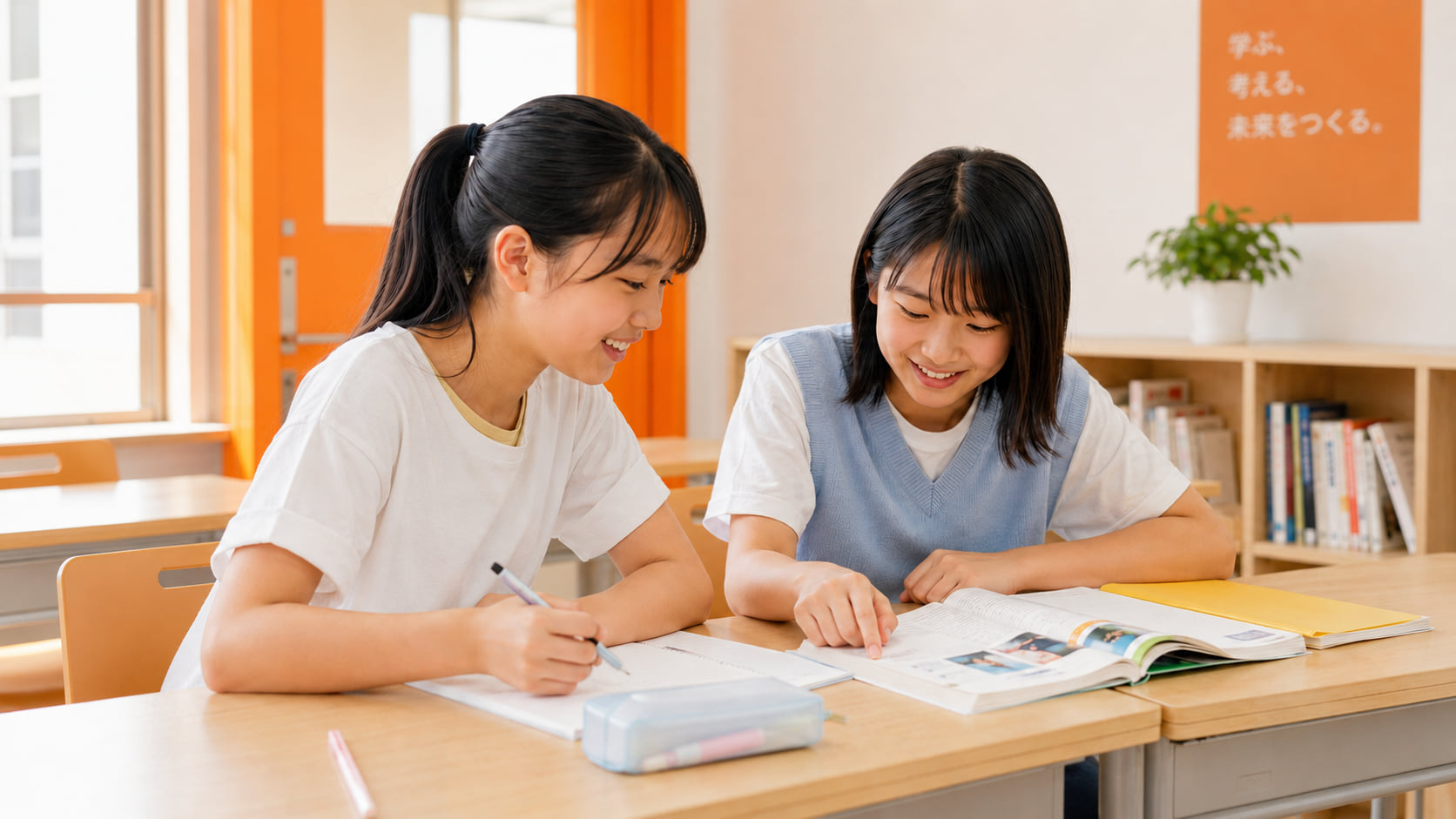 休憩スペースで友達と笑顔で話す生徒たち